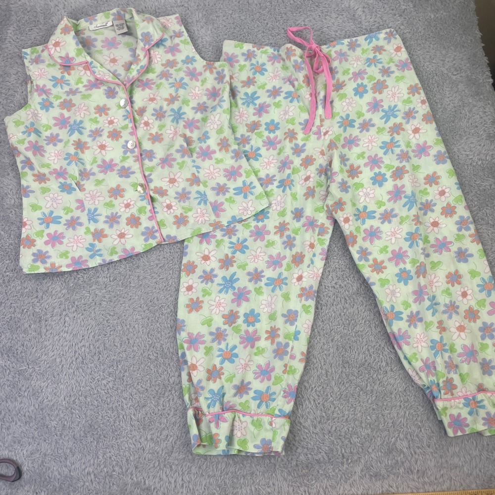 Vintage Savannah Pajama Set Womens M Green Floral Top Cropped Pants Cotton